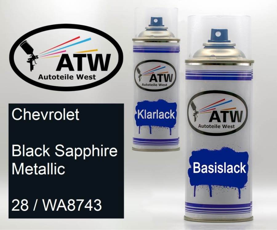 Chevrolet, Black Sapphire Metallic, 28 / WA8743: 400ml Sprühdose + 400ml Klarlack - Set, von ATW Autoteile West.